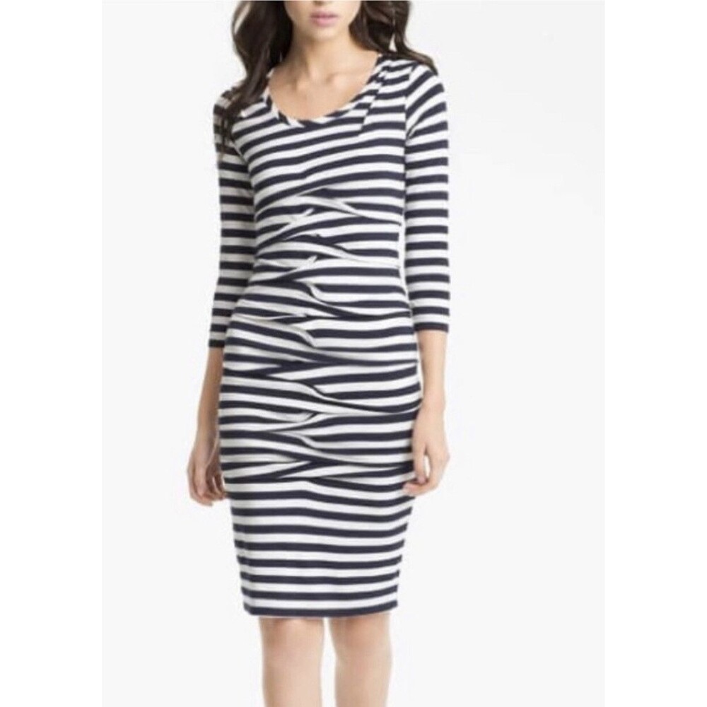 Nicole Miller Artelier Striped Ruched Bodycon Dress Tiered Blue White Small